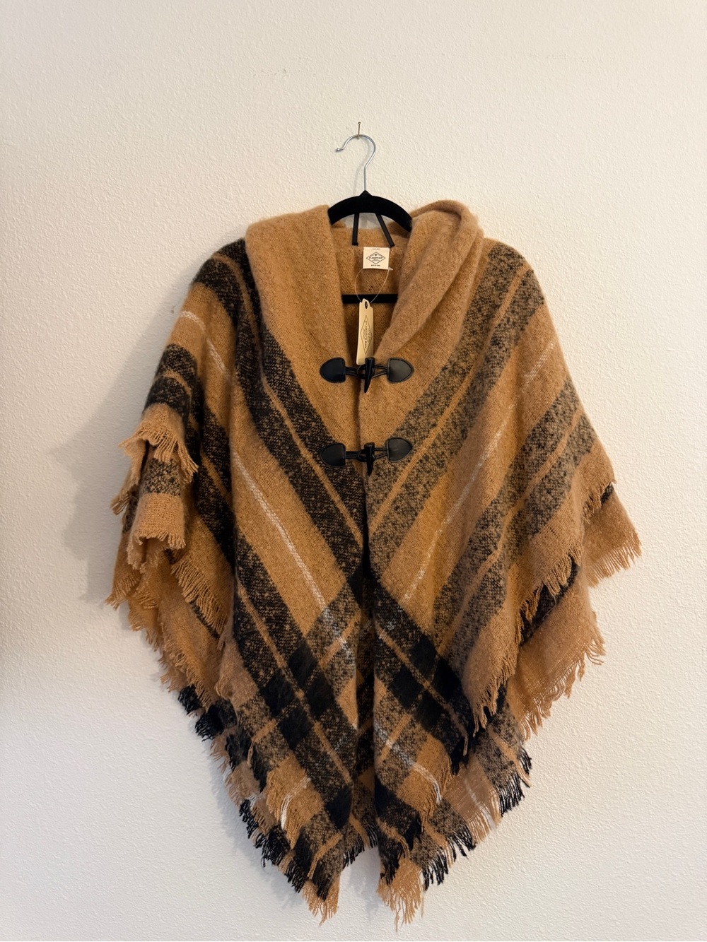 St. John's Bay Camel and Black Hooded Plaid Poncho